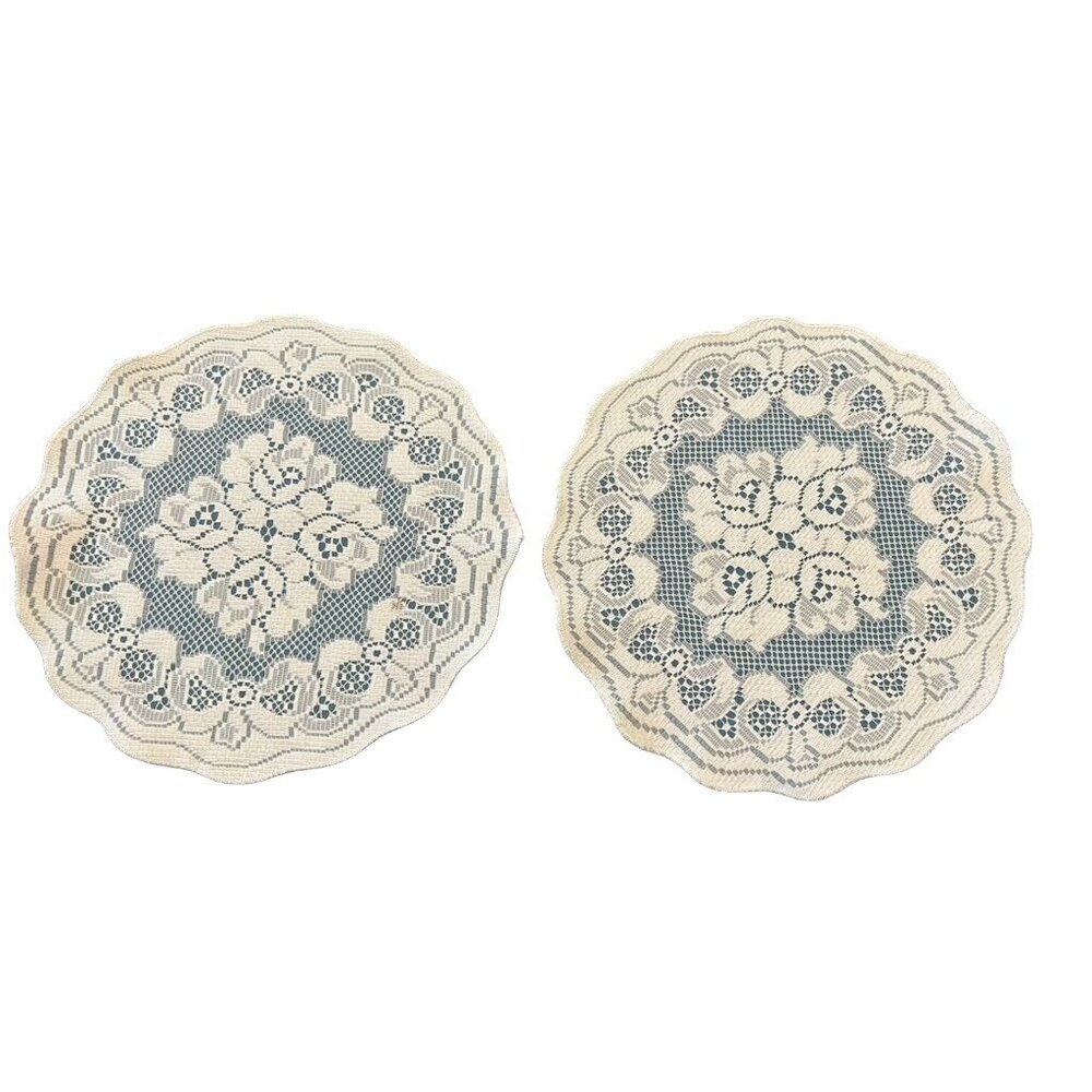 Vintage Lace Floral Doilies Set Of 2 Round 13" Beige & Blue Decorative Mats
